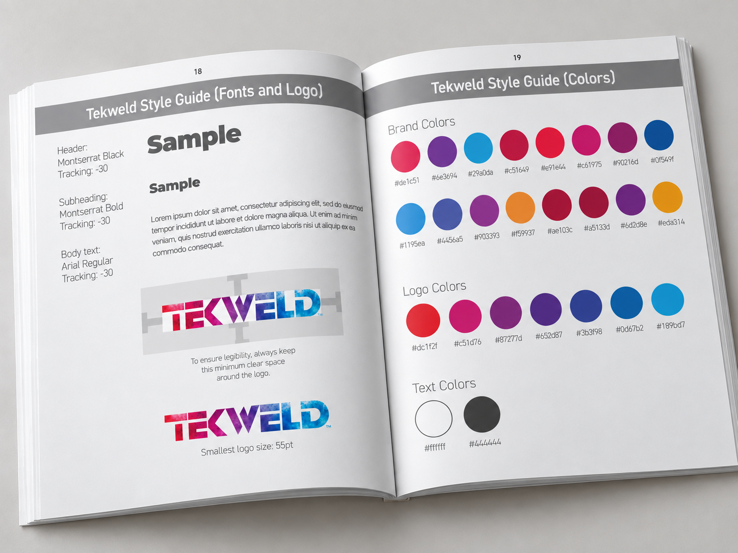 Tekweld brand style guide open pages showing fonts, colors, and logo